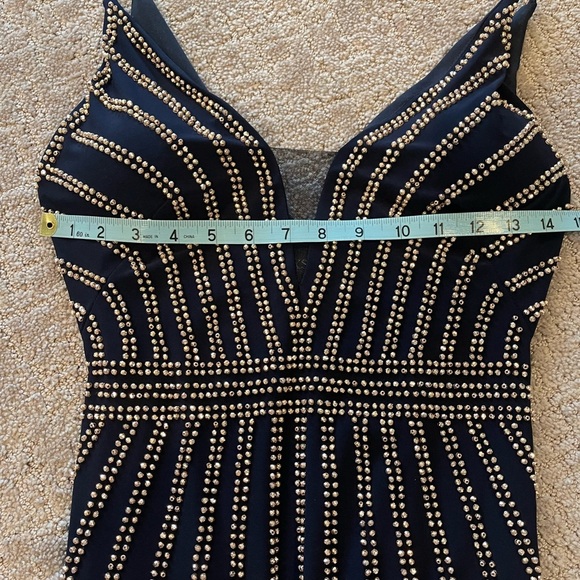 Xscape Beaded Evening Gown, Dark Navy Blue, Deep V, Sheath, Thin Straps, Size 2 - Picture 8 of 16